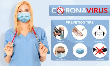 Covid-19 Coronavirus önleme ipuçları insanları covid-19 enfeksiyonundan korumak için kullanılır. Tavsiye arasında sosyal uzaklık, yüz maskesi takmak ve koronavirüsü dezenfekte etmek için hijyen bakımı yer alıyor.