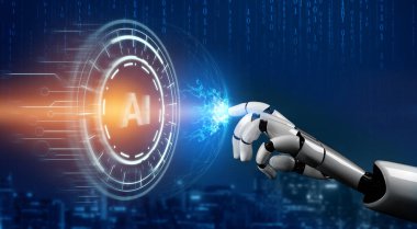 3D Rending gelecekteki robot teknolojisi geliştirme, yapay zeka yapay zeka ve makine öğrenme konsepti. İnsan hayatının geleceği için küresel robot biyonik bilim araştırması.