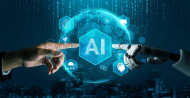 3D Rending gelecekteki robot teknolojisi geliştirme, yapay zeka yapay zeka ve makine öğrenme konsepti. İnsan hayatının geleceği için küresel robot biyonik bilim araştırması.