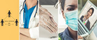 Coronavirus COVID-19 görüntü pankartı güvenlik önlemi ve covid-19 ya da 2019 Coronavirus hastalığının yayılmasını önlemek için doktor hizmeti de dahil olmak üzere önleme bilgisi kavramına yerleştirildi.