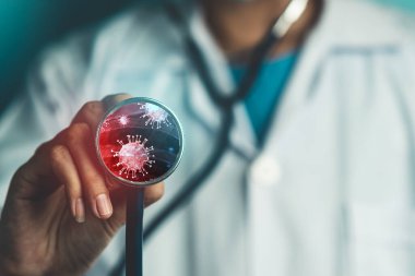 Coronavirus COVID 19 tıbbi test aşısı araştırma ve geliştirme konsepti. COVID-19 için ilaç tedavisi üretmek üzere Coronavirus antikor bilimsel örneklerini inceleyen ve analiz eden bilim insanları.