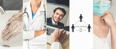 Coronavirus COVID-19 görüntü pankartı güvenlik önlemi ve covid-19 ya da 2019 Coronavirus hastalığının yayılmasını önlemek için doktor hizmeti de dahil olmak üzere önleme bilgisi kavramına yerleştirildi.