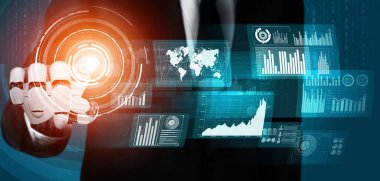 3D Rending gelecekteki robot teknolojisi geliştirme, yapay zeka yapay zeka ve makine öğrenme konsepti. İnsan hayatının geleceği için küresel robot biyonik bilim araştırması.