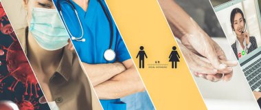 Coronavirus COVID-19 görüntü pankartı güvenlik önlemi ve covid-19 ya da 2019 Coronavirus hastalığının yayılmasını önlemek için doktor hizmeti de dahil olmak üzere önleme bilgisi kavramına yerleştirildi.