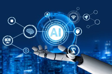 3D Rending gelecekteki robot teknolojisi geliştirme, yapay zeka yapay zeka ve makine öğrenme konsepti. İnsan hayatının geleceği için küresel robot biyonik bilim araştırması.