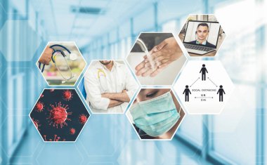 Coronavirus COVID-19 görüntü pankartı güvenlik önlemi ve covid-19 ya da 2019 Coronavirus hastalığının yayılmasını önlemek için doktor hizmeti de dahil olmak üzere önleme bilgisi kavramına yerleştirildi.