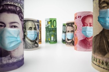 Uluslararası para birimleri arasında ABD Doları, Euro Para Birimi, British UK Pound, Australian Dollar, China Yuan ve Japan Yen Coronavirus hastalığı COVID-19 ekonomik kriz maskesiyle karşı karşıya.