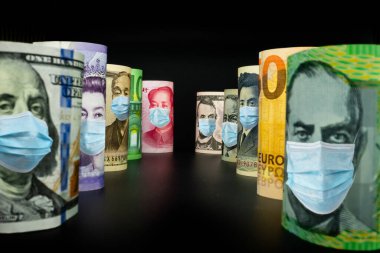 Uluslararası para birimleri arasında ABD Doları, Euro Para Birimi, British UK Pound, Australian Dollar, China Yuan ve Japan Yen Coronavirus hastalığı COVID-19 ekonomik kriz maskesiyle karşı karşıya.