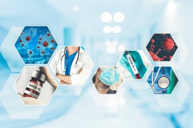 Coronavirus COVID-19 fotoğraf pankartı, covid-19 veya 2019 Coronavirus Hastalığını önlemek, tedavi etmek ve tedavi etmek için ilaç, aşı ve doktor hizmetleri de dahil olmak üzere tıbbi tedavi kavramını içermektedir..