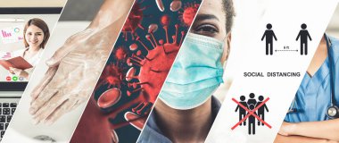 Coronavirus COVID-19 görüntü pankartı güvenlik önlemi ve covid-19 ya da 2019 Coronavirus hastalığının yayılmasını önlemek için doktor hizmeti de dahil olmak üzere önleme bilgisi kavramına yerleştirildi.