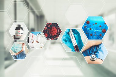 Coronavirus COVID-19 fotoğraf pankartı, covid-19 veya 2019 Coronavirus Hastalığını önlemek, tedavi etmek ve tedavi etmek için ilaç, aşı ve doktor hizmetleri de dahil olmak üzere tıbbi tedavi kavramını içermektedir..