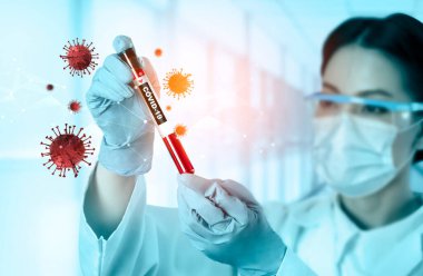 Coronavirus COVID 19 tıbbi test aşısı araştırma ve geliştirme konsepti. COVID-19 için ilaç tedavisi üretmek üzere Coronavirus antikor bilimsel örneklerini inceleyen ve analiz eden bilim insanları.