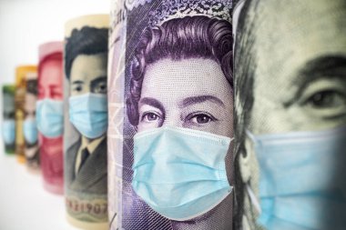 Uluslararası para birimleri arasında ABD Doları, Euro Para Birimi, British UK Pound, Australian Dollar, China Yuan ve Japan Yen Coronavirus hastalığı COVID-19 ekonomik kriz maskesiyle karşı karşıya.