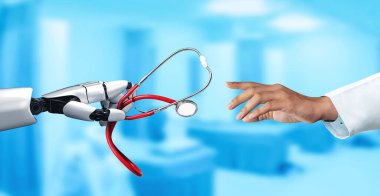 3D tıbbi yapay zeka robotu geleceğin hastanesinde çalışıyor. Hasta ve biyomedikal teknoloji konsepti için gelecekteki protez sağlık hizmetleri.
