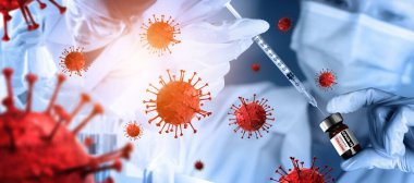 Coronavirus COVID 19 tıbbi test aşısı araştırma ve geliştirme konsepti. COVID-19 için ilaç tedavisi üretmek üzere Coronavirus antikor bilimsel örneklerini inceleyen ve analiz eden bilim insanları.