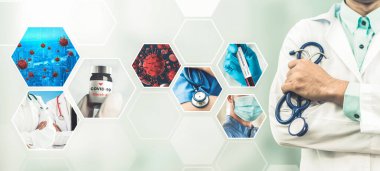 Coronavirus COVID-19 fotoğraf pankartı, covid-19 veya 2019 Coronavirus Hastalığını önlemek, tedavi etmek ve tedavi etmek için ilaç, aşı ve doktor hizmetleri de dahil olmak üzere tıbbi tedavi kavramını içermektedir..