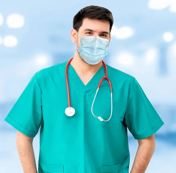 Doctor wear face mask in hospital protect from coronavirus disease or COVID-19. Medical staff are high risk people to receive infection from coronavirus disease or COVID-19.