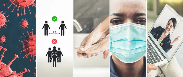 Coronavirus Covid Képkészlet Banner Megelőzési Információk Koncepciójában Beleértve Biztonsági Óvintézkedéseket — Stock Fotó