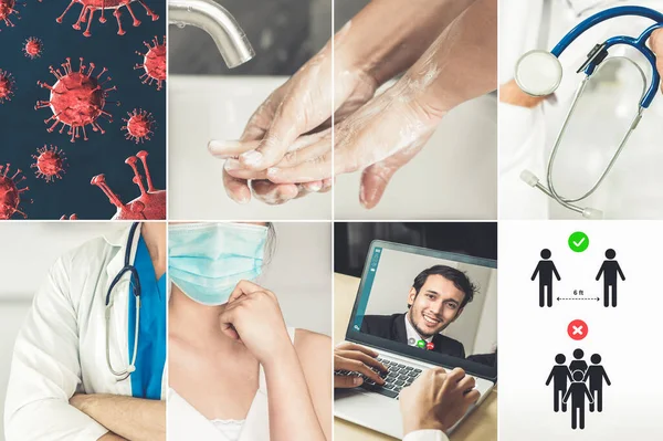 Coronavirus COVID-19 görüntü pankartı güvenlik önlemi ve covid-19 ya da 2019 Coronavirus hastalığının yayılmasını önlemek için doktor hizmeti de dahil olmak üzere önleme bilgisi kavramına yerleştirildi.