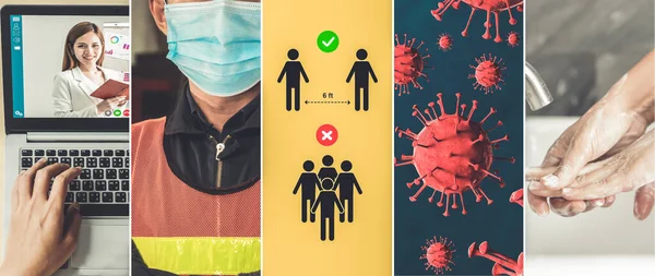 Coronavirus Covid Imagem Definir Banner Conceito Informações Prevenção Incluindo Precaução — Fotografia de Stock