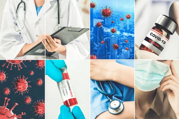 Coronavirus Covid Fotoset Banner Concept Van Medische Behandeling Inclusief Geneeskunde — Stockfoto