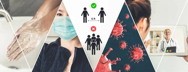 Coronavirus Covid Imagem Definir Banner Conceito Informações Prevenção Incluindo Precaução — Fotografia de Stock