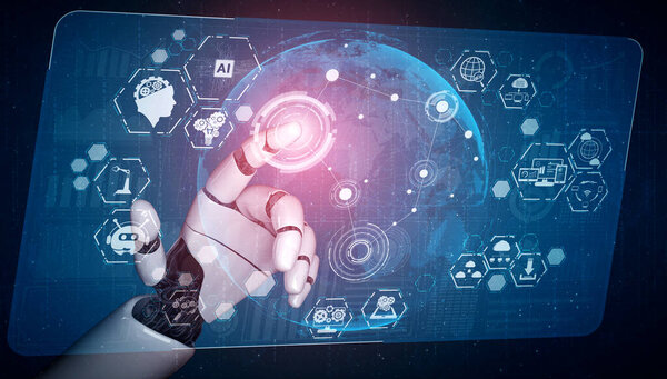 3D rendering artificial intelligence AI research of robot and cyborg development for future of people living. Digital data mining and machine learning technology design for computer brain.