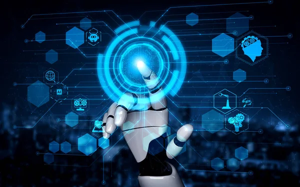 三维渲染人工智能人工智能对机器人和机器人的研究 为人类的未来生活服务 计算机脑数字数据挖掘与机器学习技术设计 — 图库照片