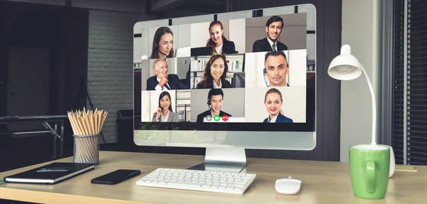 Videollamada Gente Negocios Reuniéndose Lugar Trabajo Virtual Oficina Remota Teleconferencia — Foto de Stock