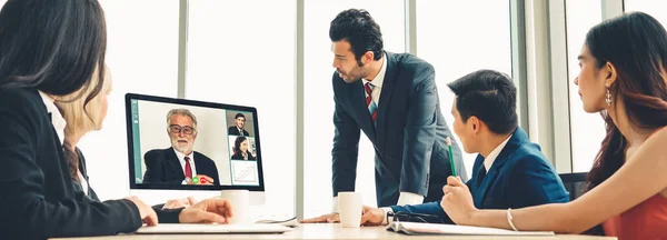 Grupo Chamadas Vídeo Reunião Empresários Local Trabalho Virtual Escritório Remoto — Fotografia de Stock