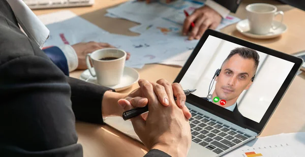 Grupo Chamadas Vídeo Reunião Empresários Local Trabalho Virtual Escritório Remoto — Fotografia de Stock